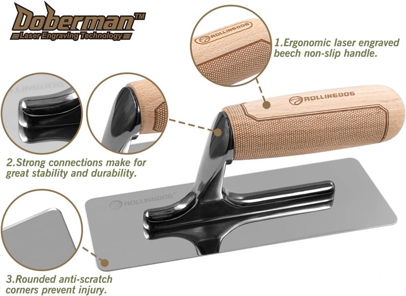 Rolling Dog Venetian Plaster Trowel 200x75mm - Mirror Polished 420 Stainless Steel Blade, Ergonomic Beech Handle for Decorative Finish and Polish - Image 3